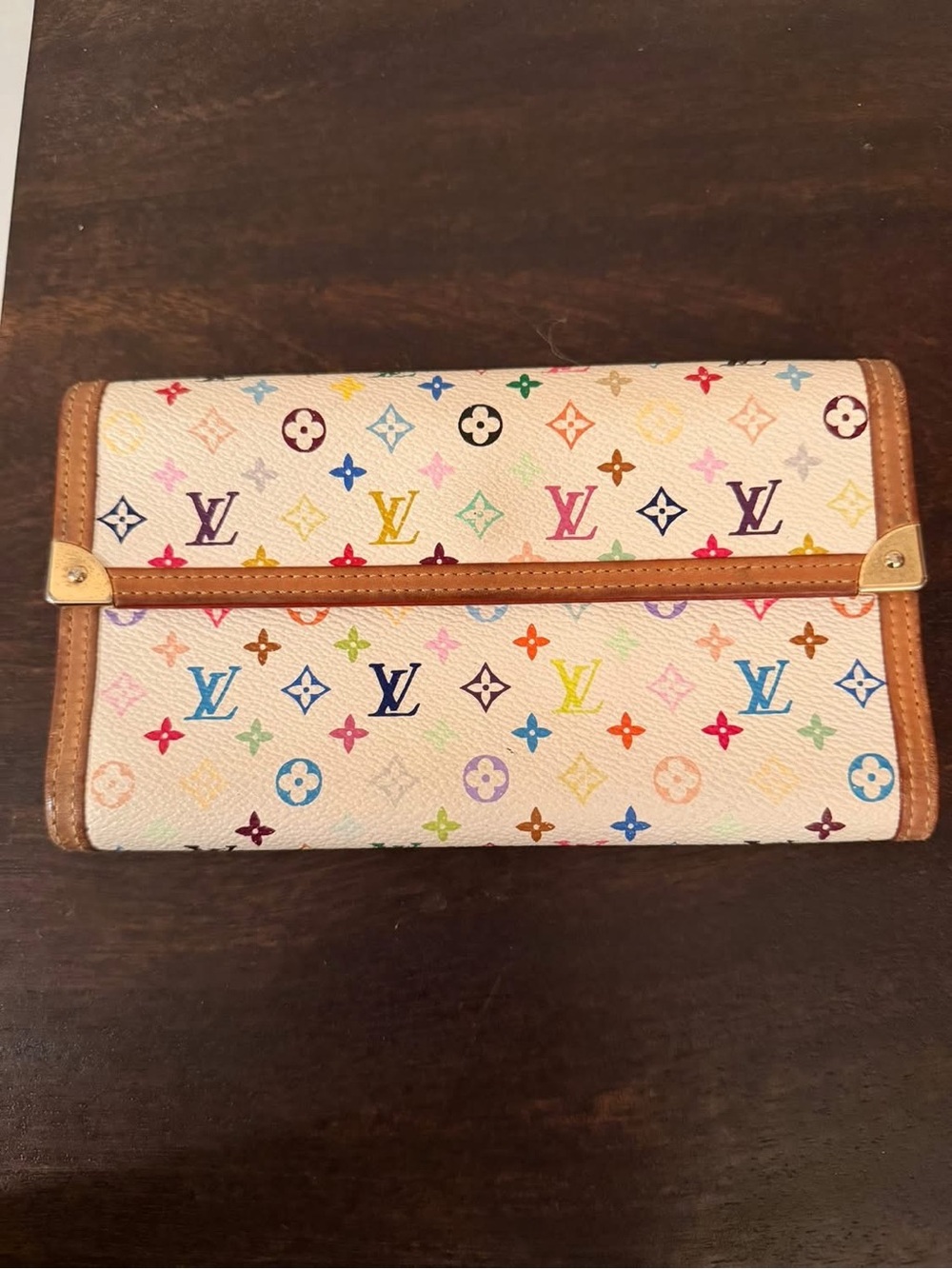 Louis Vuitton Multicolor Monogram White Canvas Wallet with Brown Trim